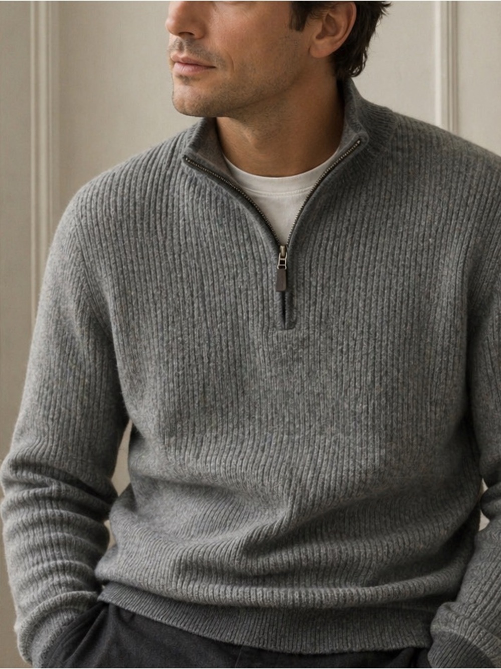 Belford 100% Cashmere Quarter Zip Sweater – Men’s Large Gray Rib Knit Pullover